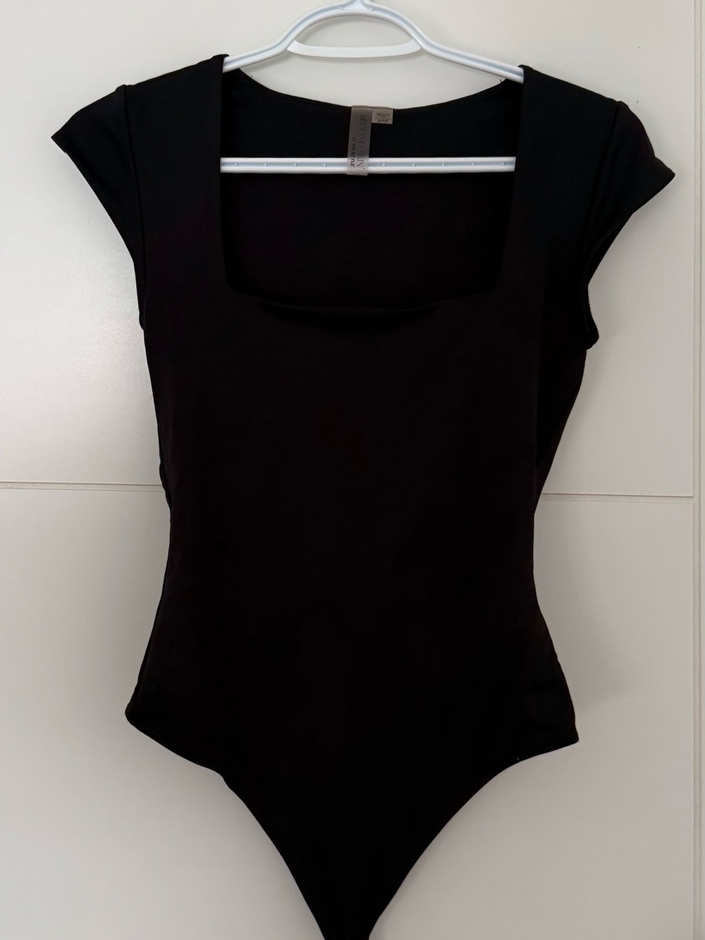 RD Style Second Skin Black Square-Neck Cap Sleeve Bodysuit